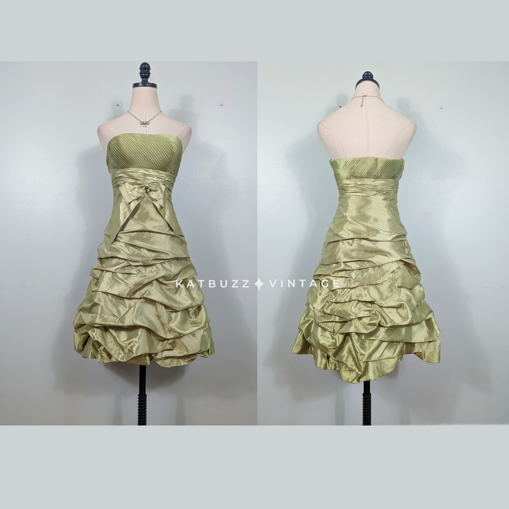 Vintage Prom Dress Knee Long Gown 6 Green Y2K Strapless Bubble Hoco Princess Bow